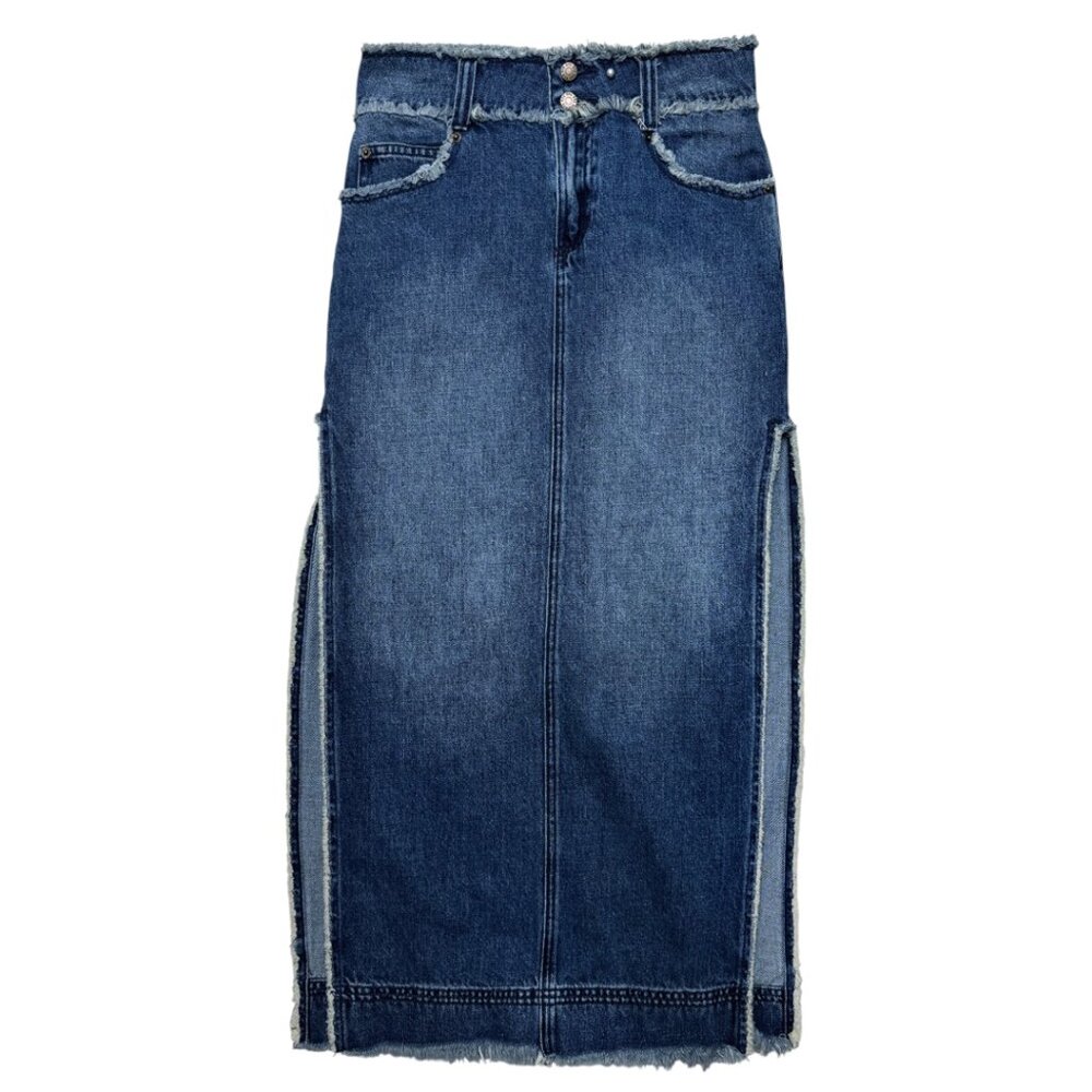 URBAN OUTFITTERS BDG HOLLY DENIM MIDI SKIRT POCKETS Y2K 90'S RAW EDGE NWOT S